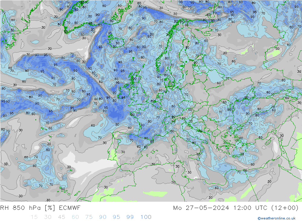 RH 850 гПа ECMWF пн 27.05.2024 12 UTC