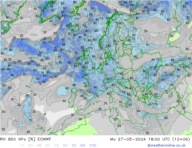 RH 850 hPa ECMWF pon. 27.05.2024 18 UTC