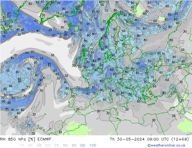 RH 850 hPa ECMWF Th 30.05.2024 09 UTC