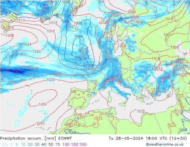 Precipitation accum. ECMWF Tu 28.05.2024 18 UTC