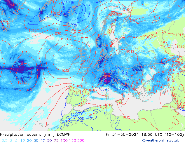 Precipitation accum. ECMWF ven 31.05.2024 18 UTC