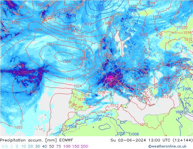 Totale neerslag ECMWF zo 02.06.2024 12 UTC