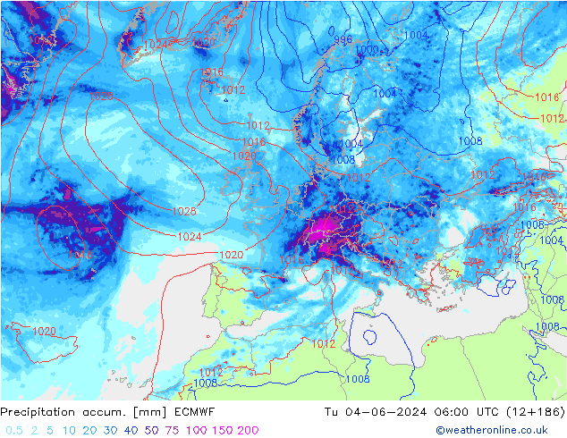 Precipitation accum. ECMWF Tu 04.06.2024 06 UTC