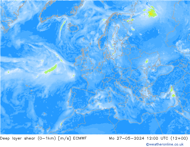 Deep layer shear (0-1km) ECMWF Mo 27.05.2024 12 UTC