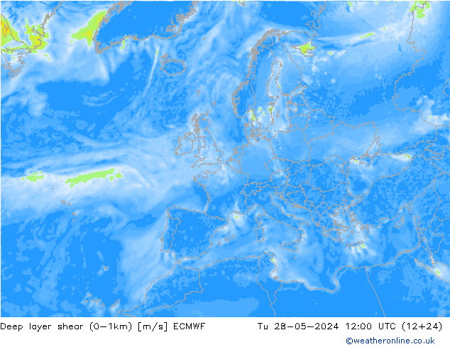 Deep layer shear (0-1km) ECMWF Di 28.05.2024 12 UTC