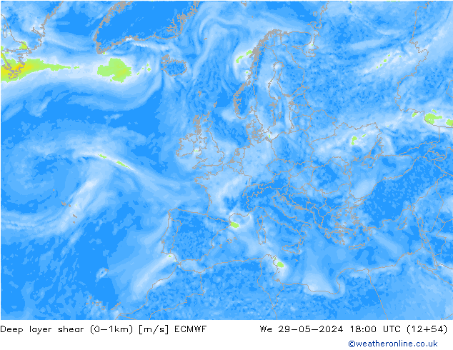 Deep layer shear (0-1km) ECMWF mer 29.05.2024 18 UTC