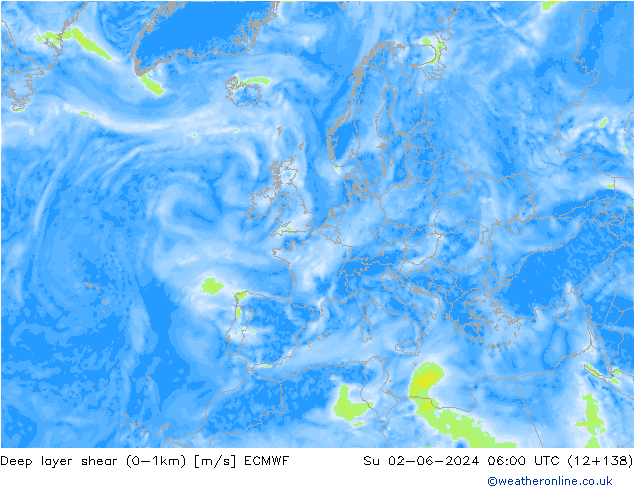 Deep layer shear (0-1km) ECMWF Dom 02.06.2024 06 UTC