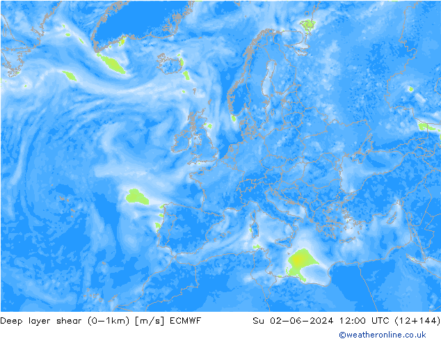 Deep layer shear (0-1km) ECMWF Вс 02.06.2024 12 UTC