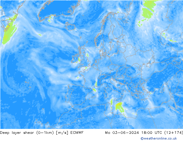 Deep layer shear (0-1km) ECMWF пн 03.06.2024 18 UTC