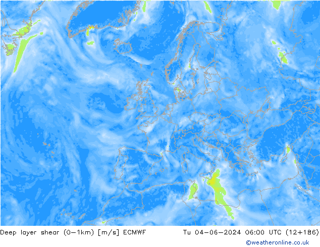 Deep layer shear (0-1km) ECMWF Di 04.06.2024 06 UTC