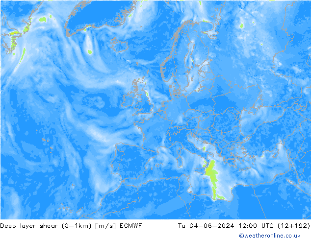 Deep layer shear (0-1km) ECMWF Tu 04.06.2024 12 UTC