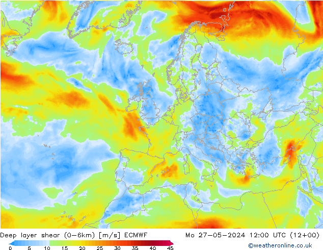 Deep layer shear (0-6km) ECMWF  27.05.2024 12 UTC