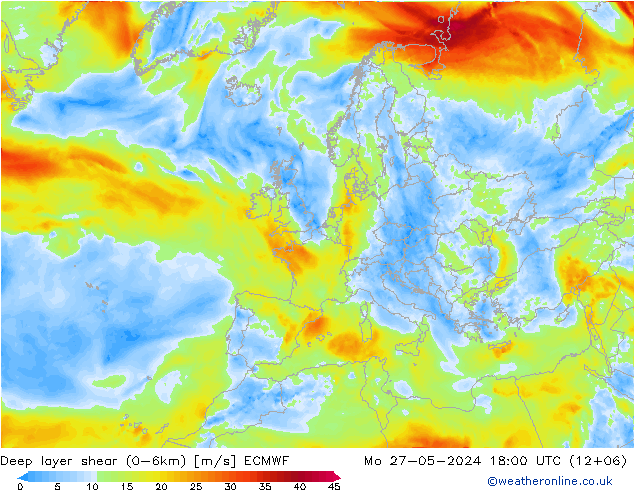 Deep layer shear (0-6km) ECMWF Pzt 27.05.2024 18 UTC