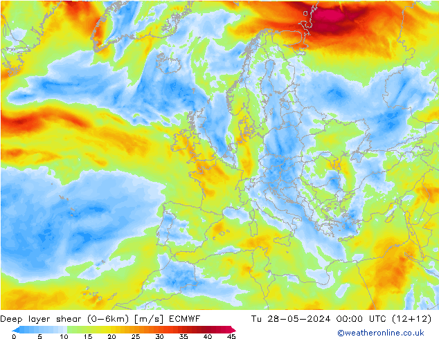 Deep layer shear (0-6km) ECMWF mar 28.05.2024 00 UTC