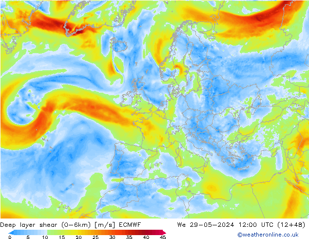 Deep layer shear (0-6km) ECMWF St 29.05.2024 12 UTC