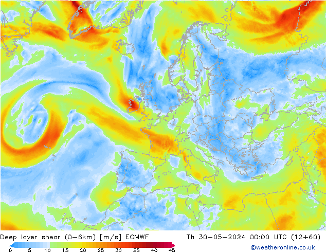 Deep layer shear (0-6km) ECMWF  30.05.2024 00 UTC