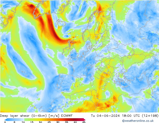 Deep layer shear (0-6km) ECMWF Tu 04.06.2024 18 UTC