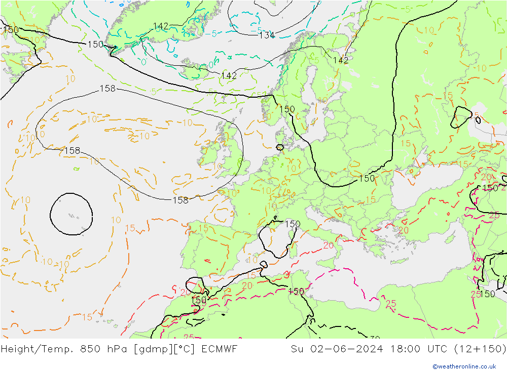 Height/Temp. 850 hPa ECMWF So 02.06.2024 18 UTC