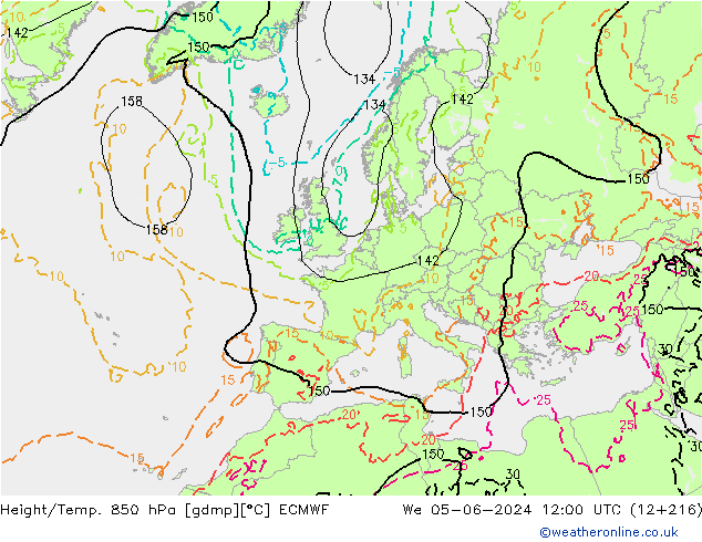 Height/Temp. 850 hPa ECMWF mer 05.06.2024 12 UTC