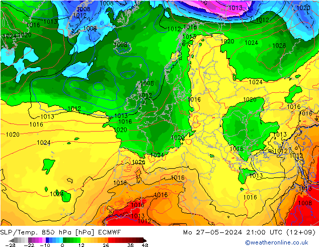 SLP/Temp. 850 hPa ECMWF Mo 27.05.2024 21 UTC