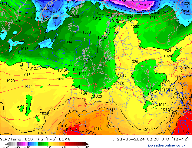 SLP/Temp. 850 hPa ECMWF Ter 28.05.2024 00 UTC