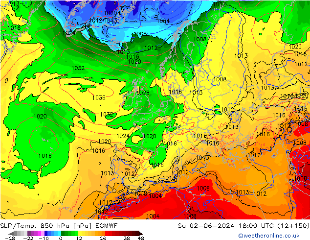 SLP/Temp. 850 hPa ECMWF dom 02.06.2024 18 UTC