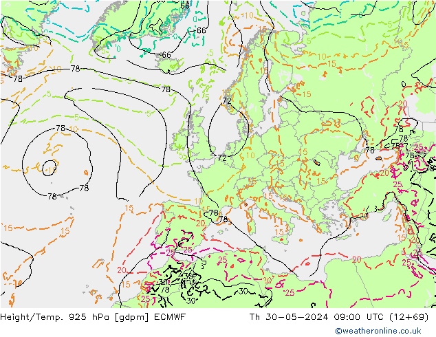 Height/Temp. 925 hPa ECMWF gio 30.05.2024 09 UTC