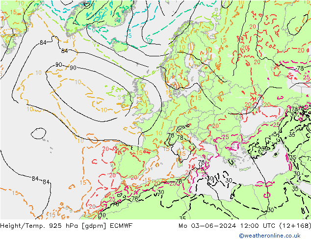 Yükseklik/Sıc. 925 hPa ECMWF Pzt 03.06.2024 12 UTC