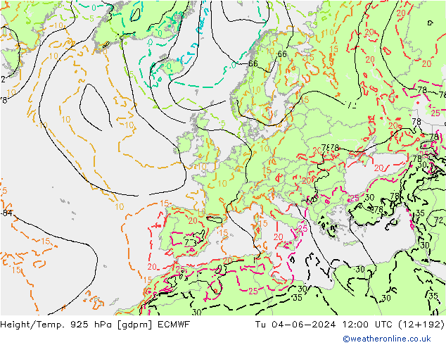 Height/Temp. 925 hPa ECMWF Di 04.06.2024 12 UTC