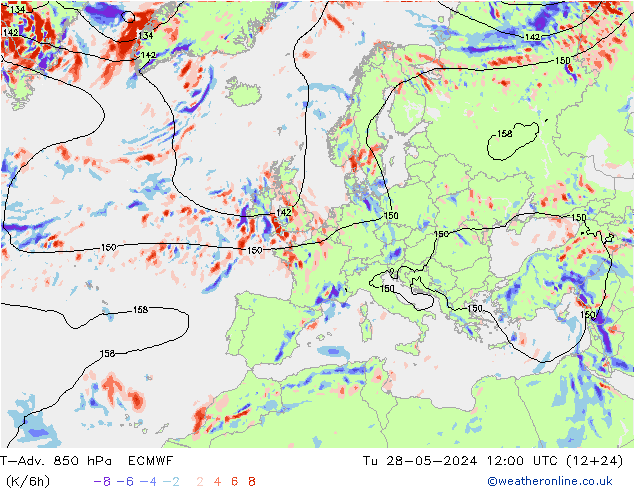 T-Adv. 850 hPa ECMWF mar 28.05.2024 12 UTC