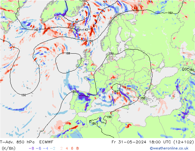 T-Adv. 850 hPa ECMWF Fr 31.05.2024 18 UTC