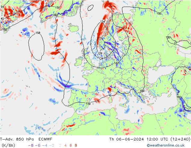 T-Adv. 850 hPa ECMWF Do 06.06.2024 12 UTC