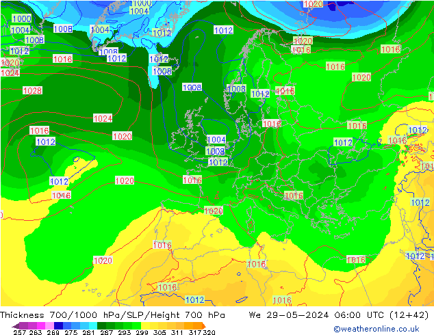 Espesor 700-1000 hPa ECMWF mié 29.05.2024 06 UTC