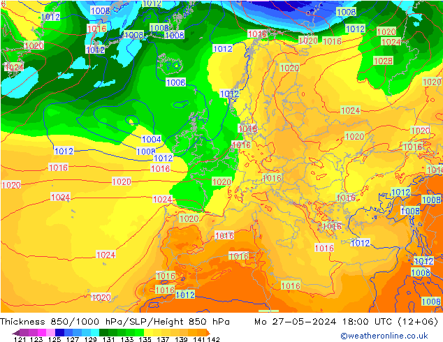 Thck 850-1000 hPa ECMWF Mo 27.05.2024 18 UTC