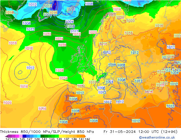 Thck 850-1000 hPa ECMWF ven 31.05.2024 12 UTC