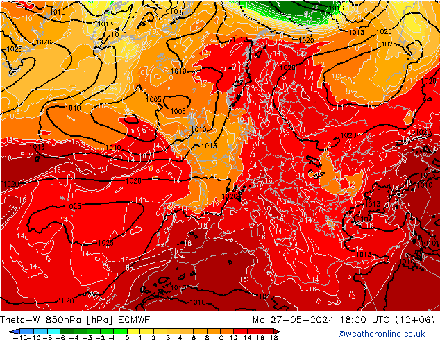 Theta-W 850hPa ECMWF pon. 27.05.2024 18 UTC