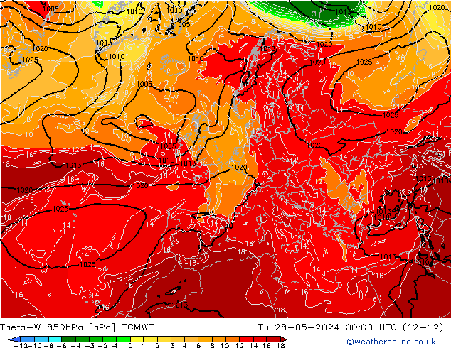 Theta-W 850hPa ECMWF Di 28.05.2024 00 UTC