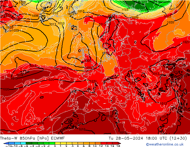 Theta-W 850hPa ECMWF Di 28.05.2024 18 UTC