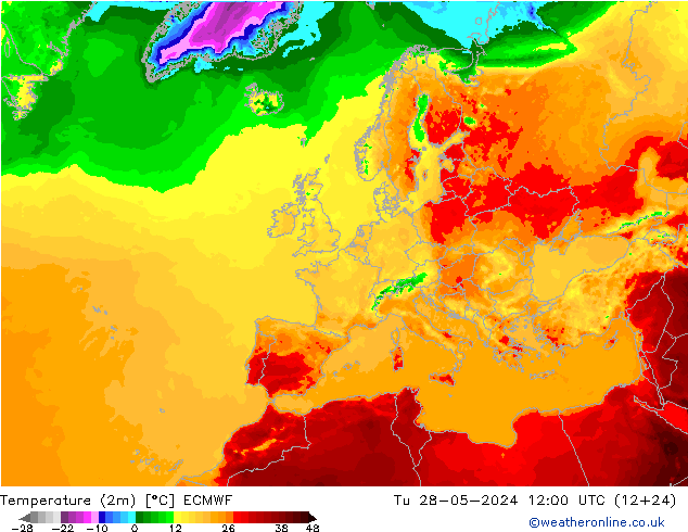 Temperature (2m) ECMWF Tu 28.05.2024 12 UTC