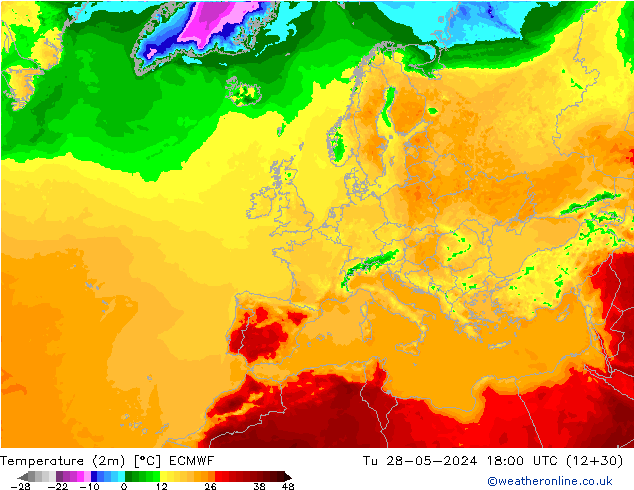 Temperatuurkaart (2m) ECMWF di 28.05.2024 18 UTC