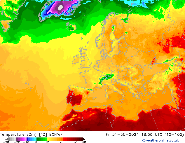 Temperatuurkaart (2m) ECMWF vr 31.05.2024 18 UTC