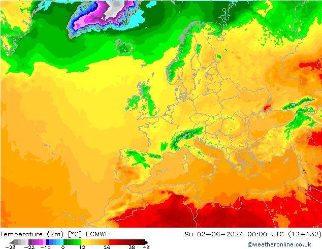 Temperature (2m) ECMWF Su 02.06.2024 00 UTC