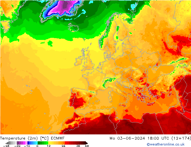 Temperatura (2m) ECMWF lun 03.06.2024 18 UTC