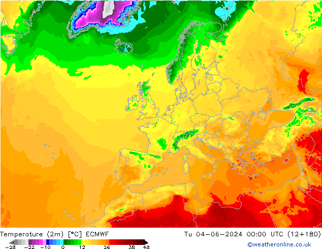 Temperaturkarte (2m) ECMWF Di 04.06.2024 00 UTC