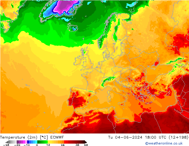 mapa temperatury (2m) ECMWF wto. 04.06.2024 18 UTC