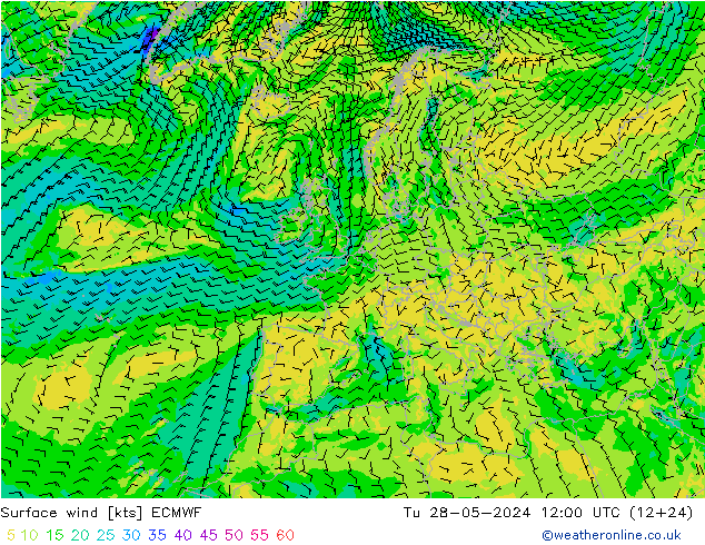 Surface wind ECMWF Út 28.05.2024 12 UTC