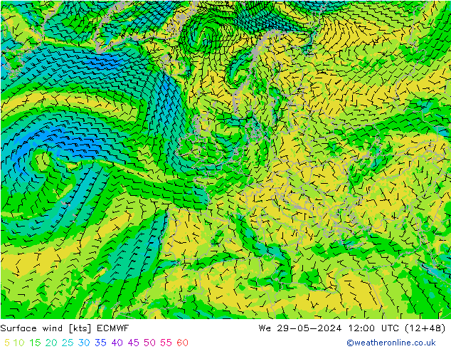 wiatr 10 m ECMWF śro. 29.05.2024 12 UTC