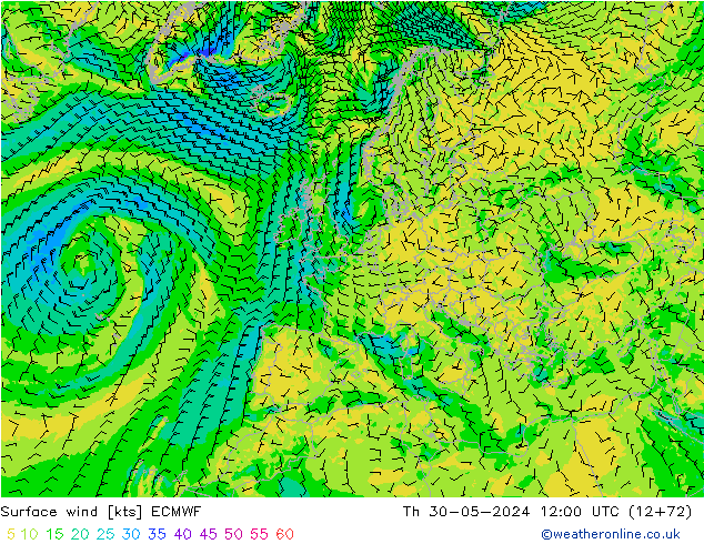 Surface wind ECMWF Čt 30.05.2024 12 UTC