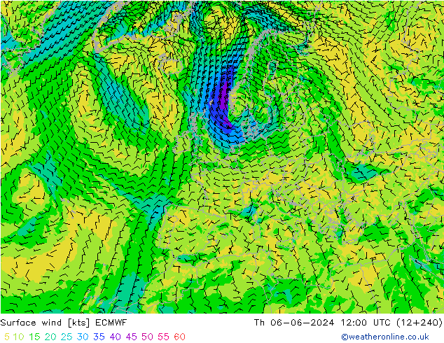 Vento 10 m ECMWF Qui 06.06.2024 12 UTC