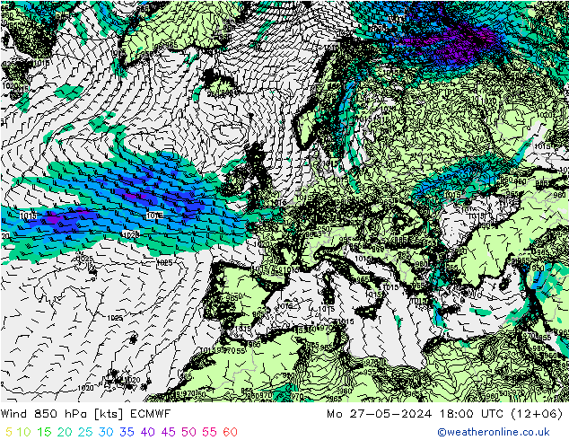 Viento 850 hPa ECMWF lun 27.05.2024 18 UTC